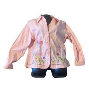 Cre8ions Womens Pink Denim Jacket Large Embroidered Butterflies And Flowers